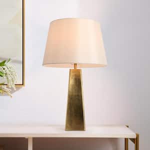 25.5 in. Vintage Gold Transitional Pyramid Bedside Task Reading Table Lamp for Living Room with Cone White Fabric Shade