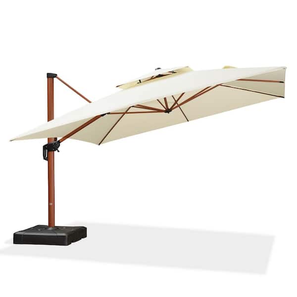PURPLE LEAF 12 ft. Square High-Quality Wood Pattern Aluminum Cantilever Polyester Patio Umbrella with Wheels Base, Cream