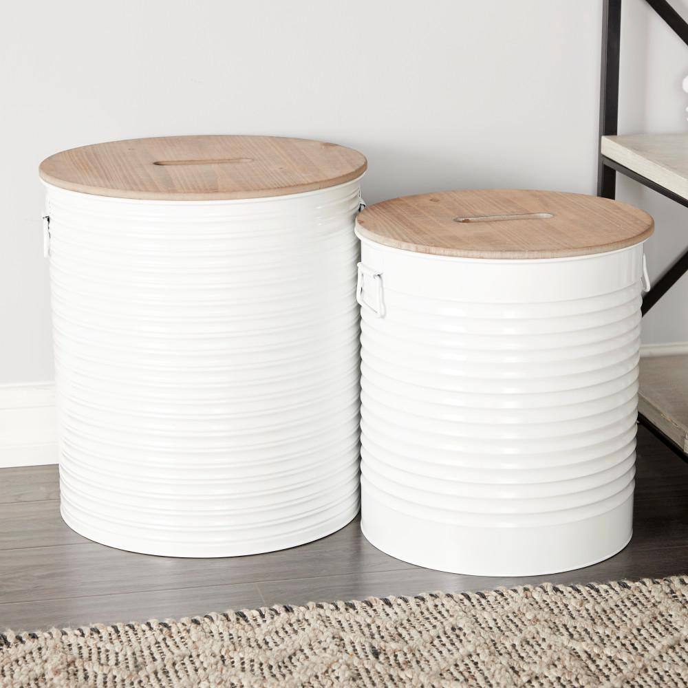 White Metal Cylinder Storage Stools with Brown Wood Tops, Set of 2