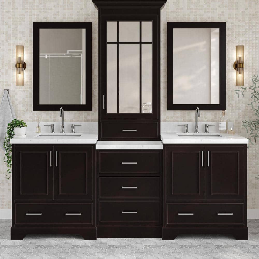 Espresso Double Bathroom Vanity with Carrara Marble Top and Mirror