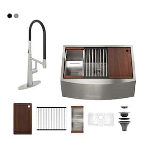 Stainless Steel Sink 30 in. Single Bowl Farmhouse Apron Kitchen Sink with Brushed Nickel Kitchen Faucet and Accessories