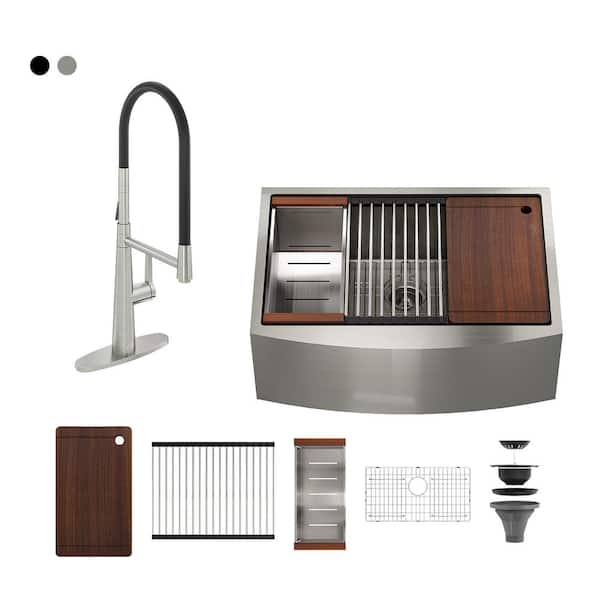 CASAINC Stainless Steel Sink 30 in. Single Bowl Farmhouse Apron Kitchen Sink with Brushed Nickel Kitchen Faucet and Accessories