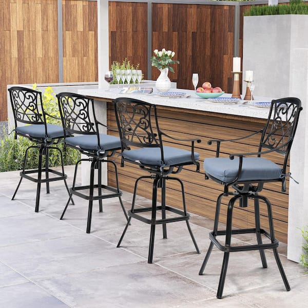 Bar Height Arm Chair Swivel Cast Aluminum Outdoor Bar Stool with Sunbrella Spectrum Denim Cushion (4-Pack)
