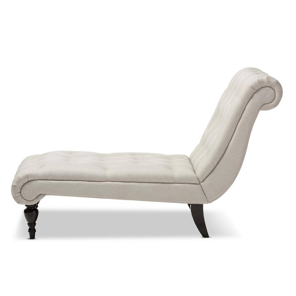Layla Mid-Century Light Beige Leather & Wood Button-Tufted Chaise Lounge