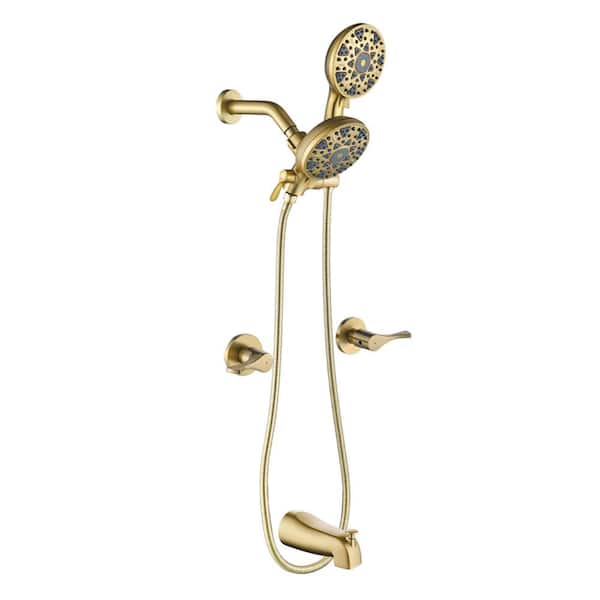 FLG Double Handle 6-Spray Tub and Shower Faucet 1.8 GPM Dual Head Wall Mount Shower System in. Brushed Gold Valve Included