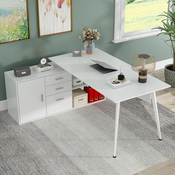 FUFU&GAGA 63 in. W-28.7 in. H White Computer Desk with 3-Drawers, 1-Storage Cabinet and 2-Adjustable Shelves