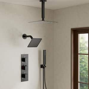 Thermostatic 5-Spray 12 in. Ceiling Mount Dual Shower Head and Handheld Shower in Matte Black (Valve Included)