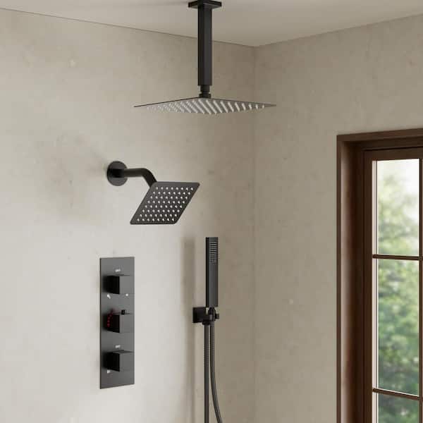 YAWWALK Thermostatic 5-Spray 12 in. Ceiling Mount Dual Shower Head and Handheld Shower in Matte Black (Valve Included)