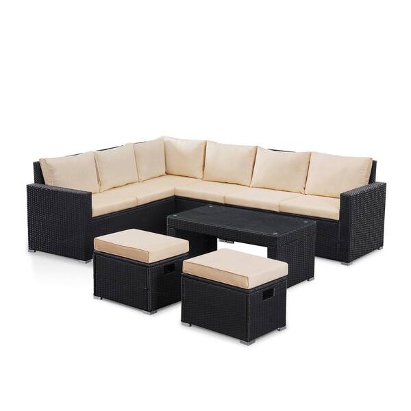 Unbranded 6-Piece Outdoor Rattan Patio Conversation Set All Weather Wicker Rattan Couch Coffee Table and Chair with Ottoman, Khaki