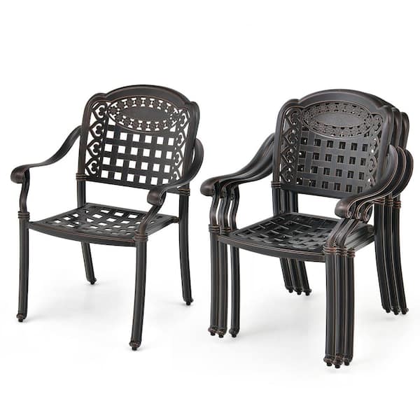 Gymax Metal 4-Pieces Cast Aluminum Patio Chair Bistro Bronze Dining Chair Outdoor Cast Aluminum Chair