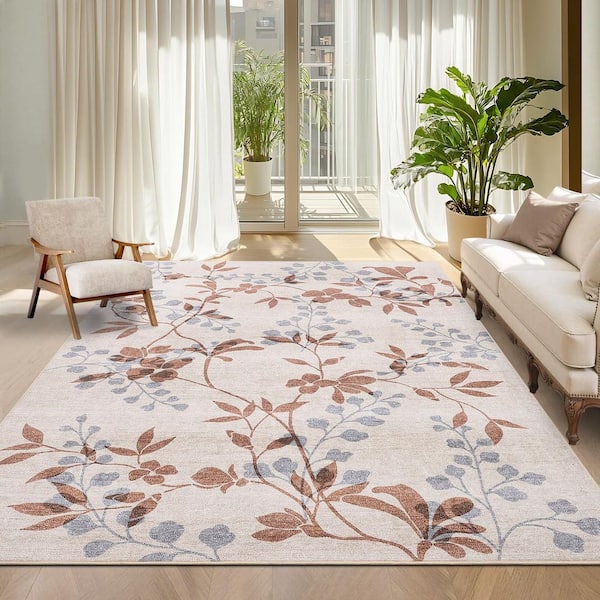 Beige 9 ft. x 12 ft. Flower Print Rug Soft Foldable Indoor Carpet Anti-fouling Non-slip Polyester