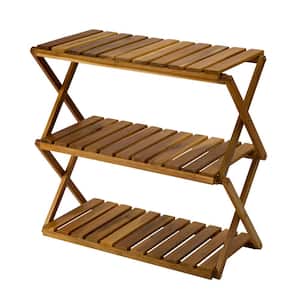 24.8 in. W 3-Tiers Acacia Wood Plants Stand Foldable 9-Pair Shoe Rack Multipurpose Shelf