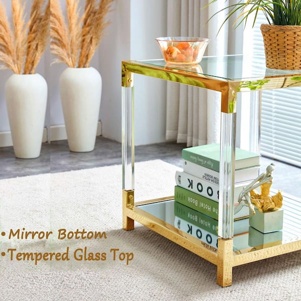 21.65" Clear Square Tempered Glass Coffee Table with Stainless Steel Legs, 2-Tier Center Table for Living Room