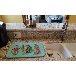 14 in. x 21 in. Multicolor Tropical Fish on Teal Dish Drying Mat