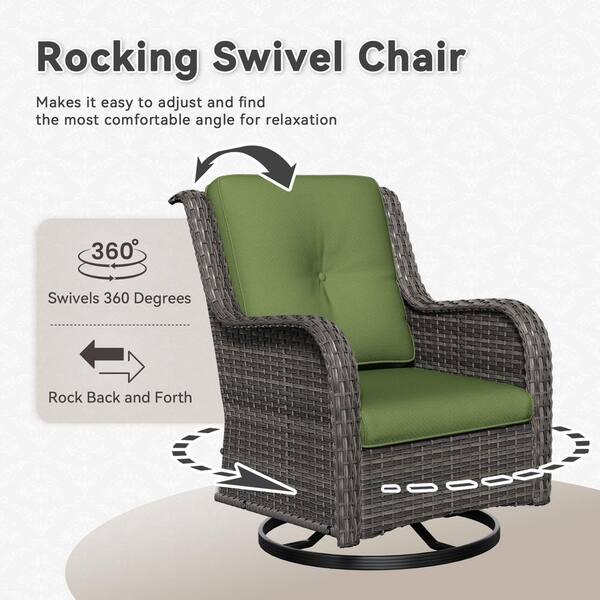 5-Piece Wicker Outdoor Patio Conversation Set Swivel Rocking Chair Set with Green Cushions