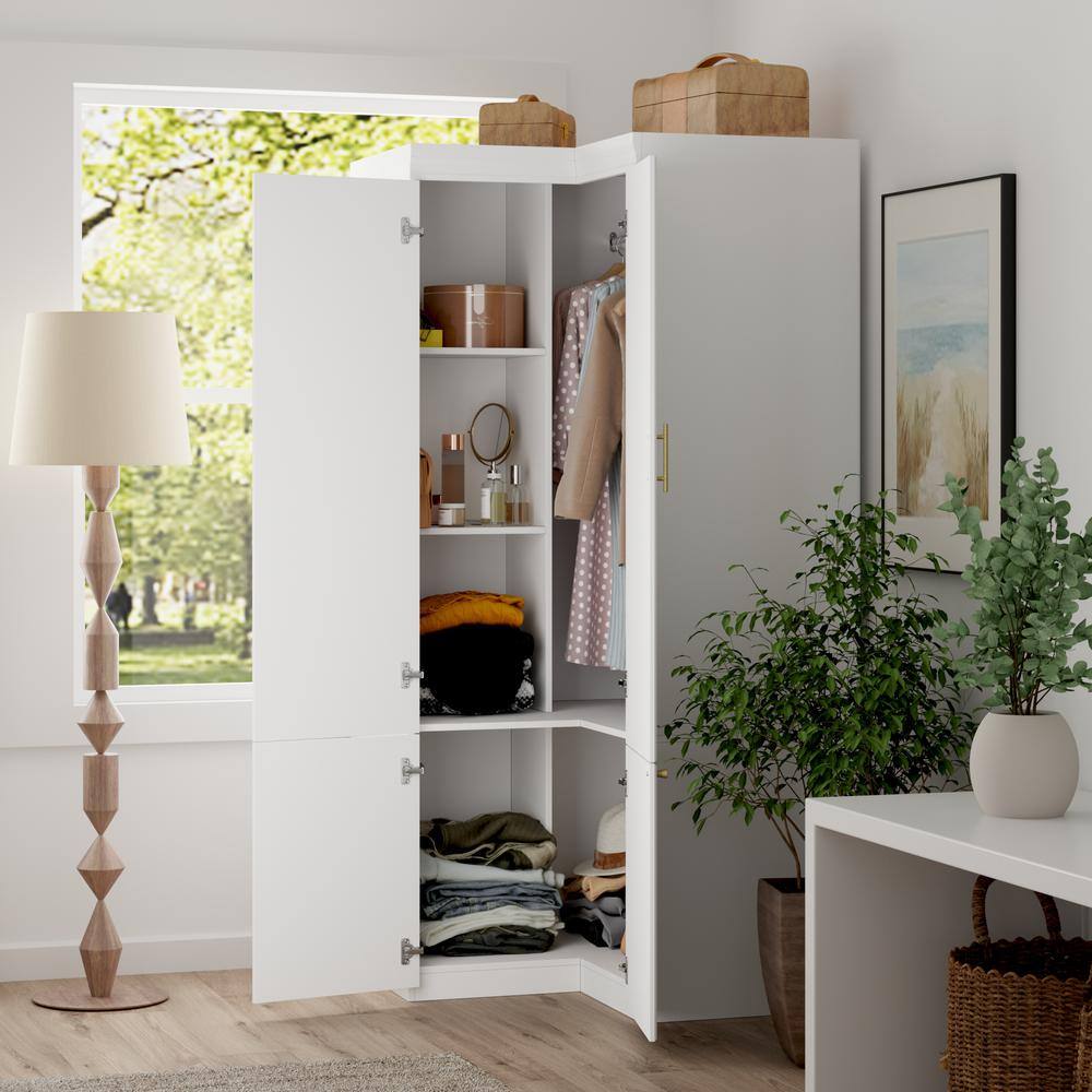 White Wood 35.4 in. W 4-Door Corner Wardrobe Armoires with Hanging Rod, Storage Shelves 74.2 in. H x 35.4 in. D - thumbnail 5