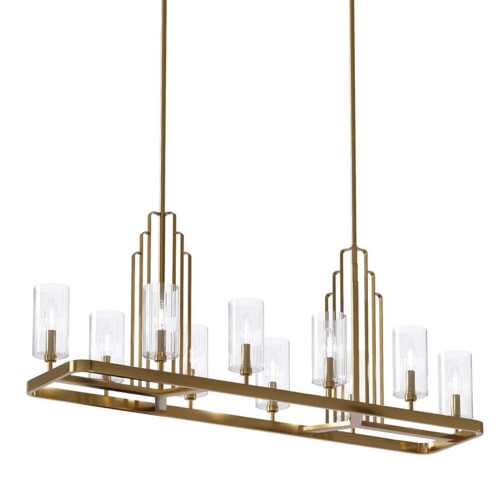 Kimrose Brushed Brass 10-Light Linear Chandelier with Clear Fluted Glass