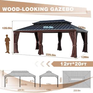 12 ft. x 20 ft. Wood Grain Aluminum Gazebo Galvanized Steel Double Top Roof with Curtains and Netting