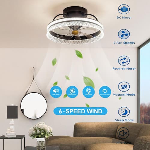 18.9 in. Modern Crystal Design Dimmable Integrated LED Indoor Black 6-Speed Reversible Motor Ceiling Fan with Remote Ceiling Fans With Lights