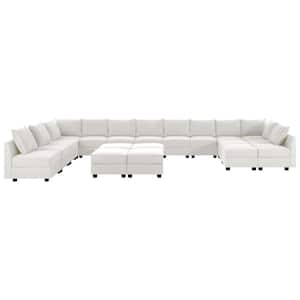 Modern 13-Seater Upholstered Sectional Sofa with 6 Ottoman - White Down Linen