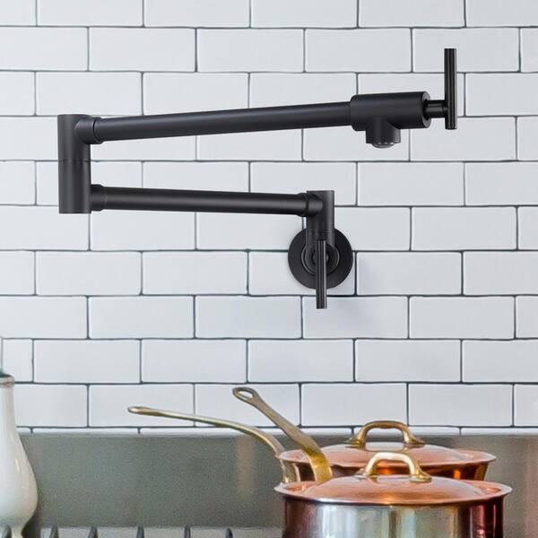 GIVING TREE Modern Wall Mount Pot Filler Faucet with Two Handle Kitchen Faucet in Matte Black