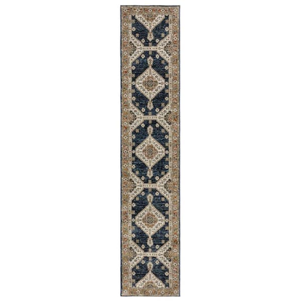 2 X 12 Blue, Orange Medallion Washable Area Rug Runner Rug