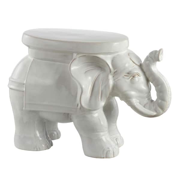 JONATHAN Y White Elephant 14.2 in. Antique White Ceramic Garden Stool