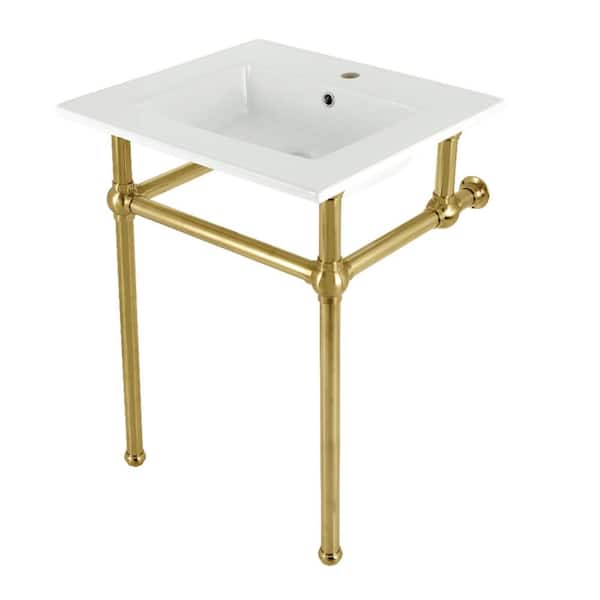 Kingston Brass Fauceture 25 in. Ceramic Console Sink Set with Brass Legs in White/Brushed Brass