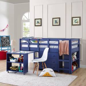 Blue, Twin Loft Bed with Desk, Low Study Kids Loft Bed, Low Loft Bed with Desk, Storage Cabinet, Ladder, Bookcase Shelf