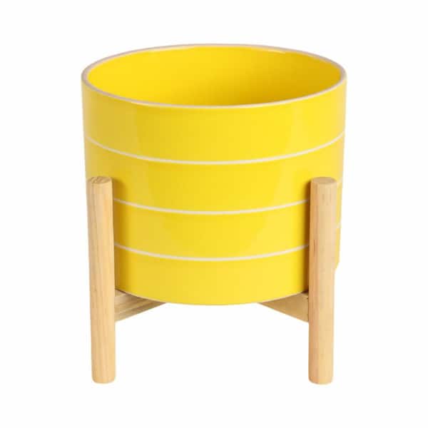 Yellow Ceramic Striped Planter (8 in. W x 9 in. H) with Wood Stand