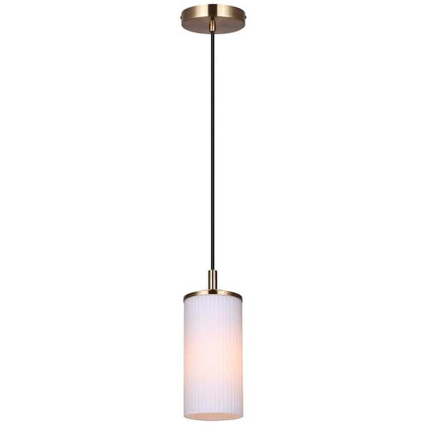 CANARM Kinslea 60-Watt 1-Light Gold Mid Century Modern Pendant with White Glass Shade