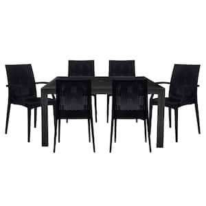 Mace 7-Pcs Patio Dining Set with Plastic Dining Side Chairs and Arm Chairs and Rectangular Dining Table (Black)