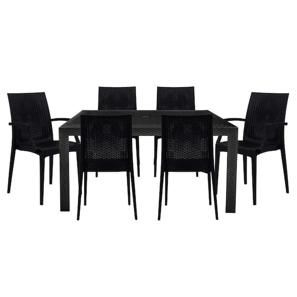 Leisuremod Mace 7-Pcs Patio Dining Set with Plastic Dining Side Chairs and Arm Chairs and Rectangular Dining Table (Black)