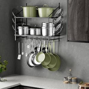 30 in. 2-Tier Black Wall Mounted Pot Rack, Pot and Pan Hanger with 2-Pieces Pans Lids Organizer and 16-Hooks