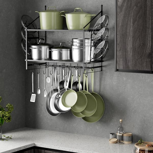 Numhew 30 in. 2-Tier Black Wall Mounted Pot Rack, Pot and Pan Hanger with 2-Pieces Pans Lids Organizer and 16-Hooks