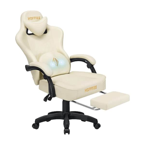 Faux Leather Reclining Ergonomic Gaming Chair in Ivory with Vibration Lumbar Pillow and Footrest