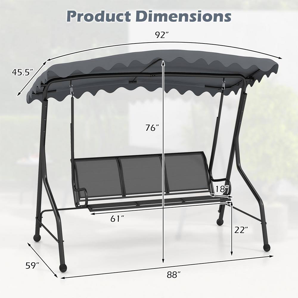 Gray Iron 3-Person Porch Swing with Adjustable Canopy