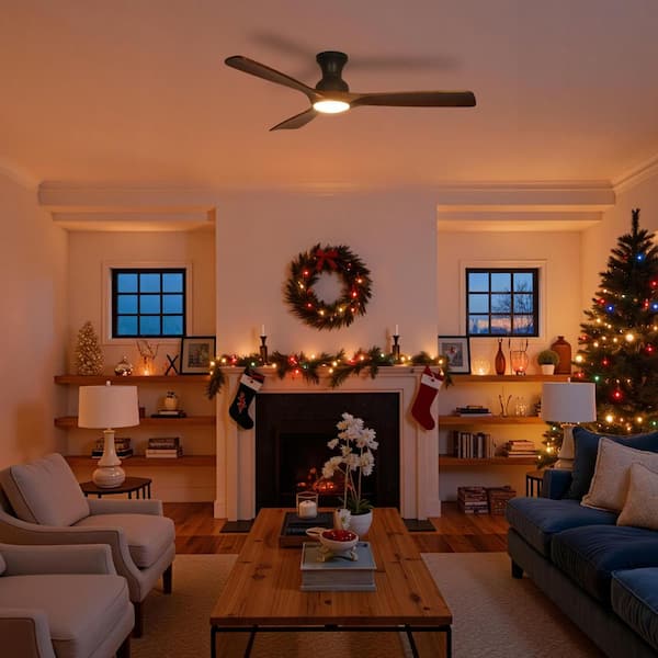 52 in. Smart Indoor Modern Solid Wood Black Low Profile Flush Mount Ceiling Fan with Integrated LED with Remote for Room