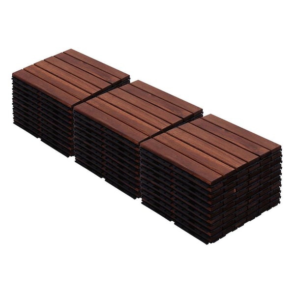 Tenleaf 12 in. Brown Square Acacia Wood Interlocking Flooring Tiles Checker Pattern Pack of 30-Tiles