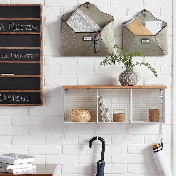 StyleWell 14 in. H x 26 in. W x 7 in. D Wood and White Metal Wall-Mount Storage Shelf with 4 Hooks