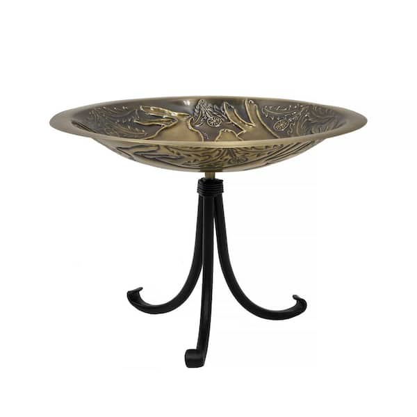 ACHLA DESIGNS 16 in. Dia. Round Antique Finished Brass Three Hares Birdbath with Black Wrought Iron Tripod Stand