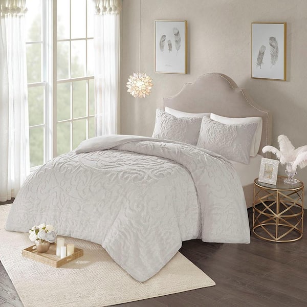 Afoxsos Boho Lifestyle Tufted Cotton Duvet Cover King Set in Light Gray (3-Pack)