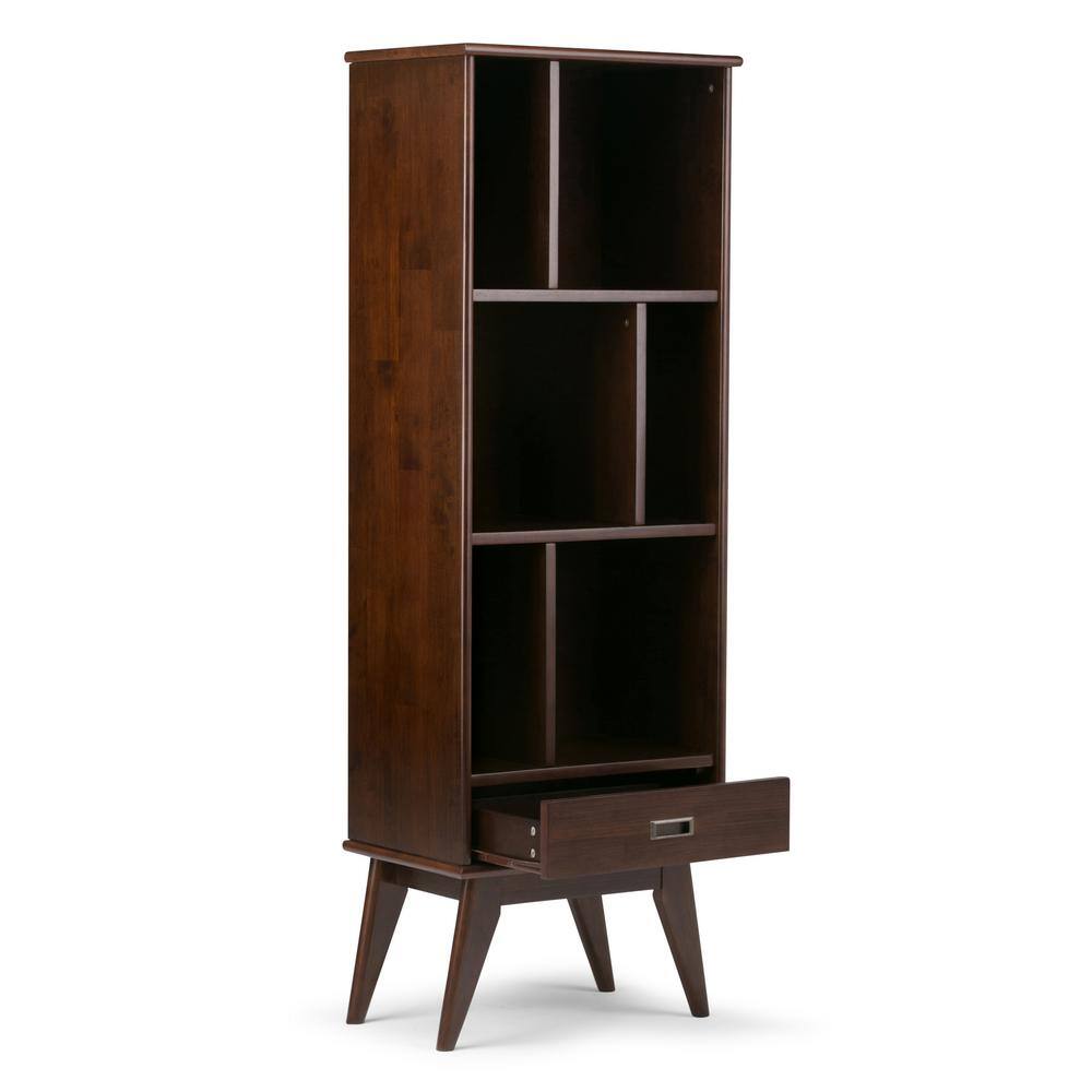 Medium Auburn Brown Solid Hardwood Mid-Century Modern Bookcase with Drawer