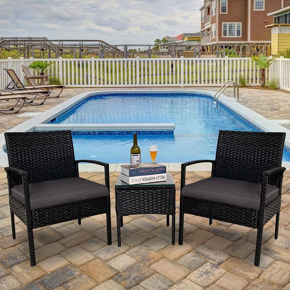 3-Piece Black PE Wicker Outdoor Serving Bar Set Patio Conversation Set with Gray Cushions price history on PriceWatchPro