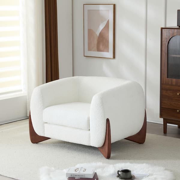 Irlas Modern Upholstered Boucle Club Chair, Birch Wood, White Plus Walnut