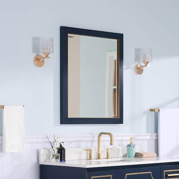WELLFOR 24 in. W x 32 in. H Rectangular Wood Framed Beleved Wall Bathroom Vanity Mirror in Navy Blue, Vertical / Horizontal Hang