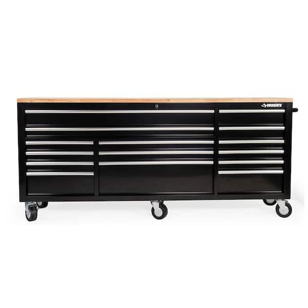 Husky 84 in. W x 18 in. D 9-Drawer Mobile Workbench with Wood Top in Gloss Black