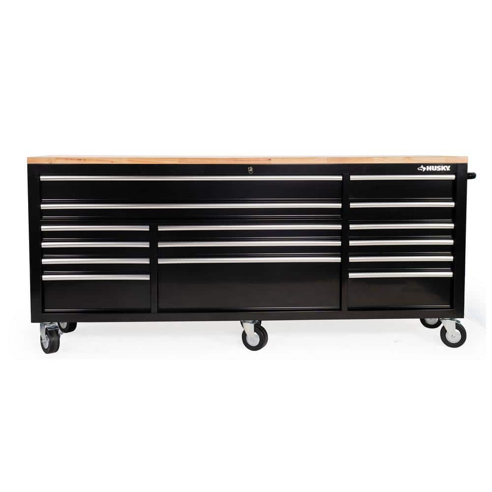 84 in. W 18 in. D 15-Drawer Mobile Workbench with Wood Top in Gloss Black