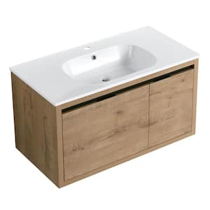 35.6 in.W x18.1 in.D x19.4 in.H Single Sink Floating Bath Vanity in Imitative Oak with White Gel Top Soft Closing Hinge