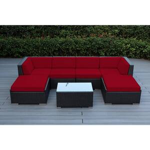 Ohana Black 7-Piece Wicker Patio Seating Set with Sunbrella Jockey Red Cushions